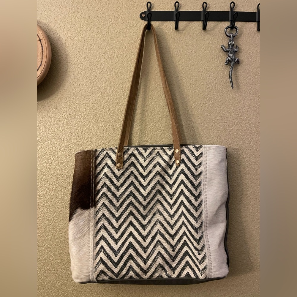 Myra Bag Chevron Cross Design Tote with black and cream Calf hair accents
